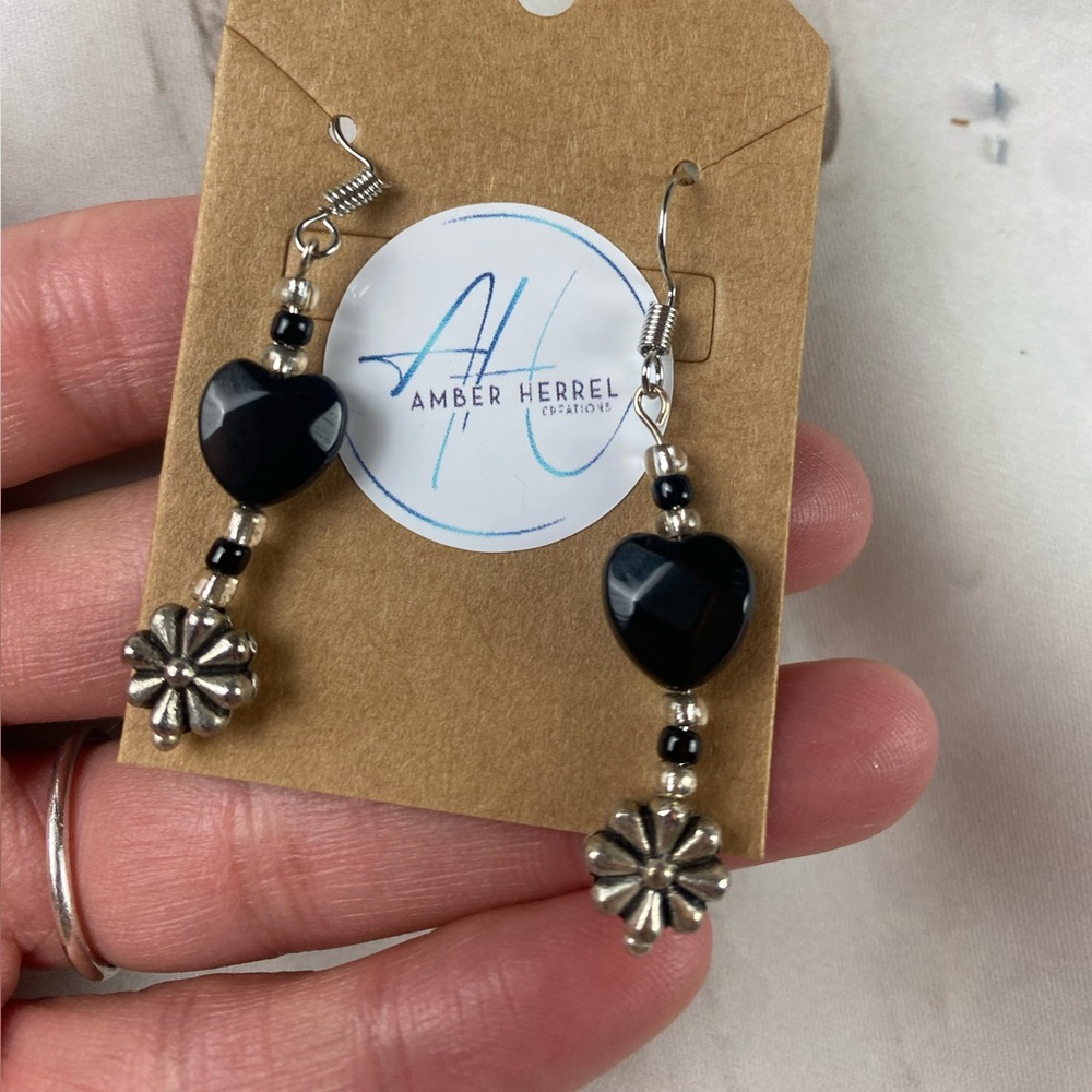 Black Obsidian Heart & Silver Floral Drop Earrings